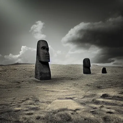 Prompt: “Moai robot.cinematic.film.trending on artstation.ultra realistic.highly detailed.surreal.ethereal.clouds.yellow accents.8k”