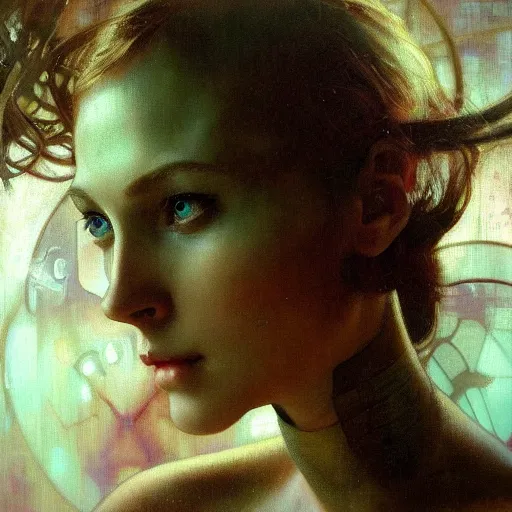 Image similar to hyperrealist portrait of a pretty young female robot with large eyes standing in front of a computer simulation by jeremy mann and alphonse mucha, fantasy art, photo realistic, dynamic lighting, artstation, poster, volumetric lighting, very detailed faces, award winning