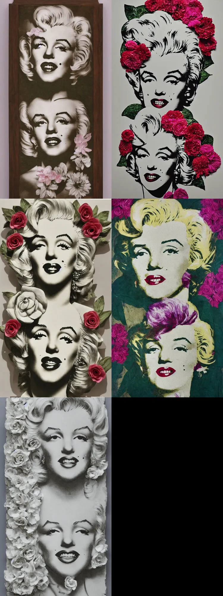 Prompt: panel of flowers in the form of a portrait of Marilyn Monroe