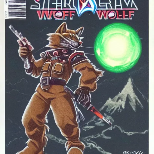 Image similar to 1 9 8 0 s video game art of anthropomorphic wolf o'donnell from starfox fursona furry wolf in a dark space mercenary uniform, looking heroic, magazine scan, 8 0 s game box art, dark grey wolf o'donnell