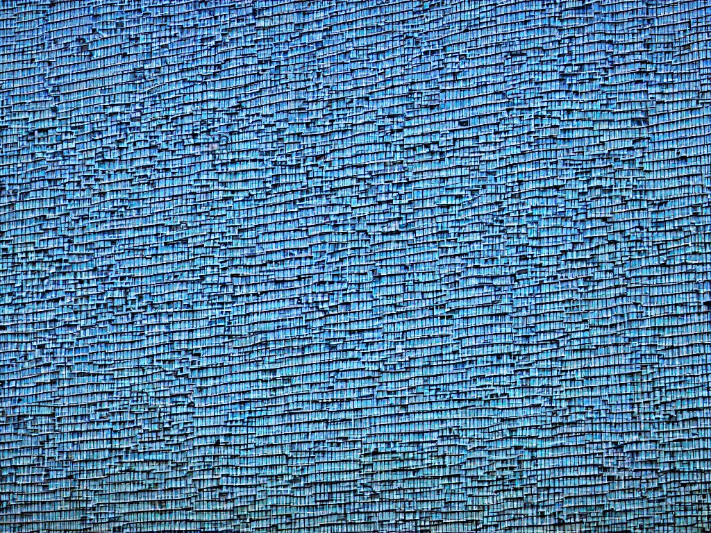 Image similar to a perfect portrait photograph of a human being reduced to an ordered set of pixels, sorted by the blue channel value, each pixel is a 1 meter plastic cube glued to the outside of a horrific government building in azerbaijan.