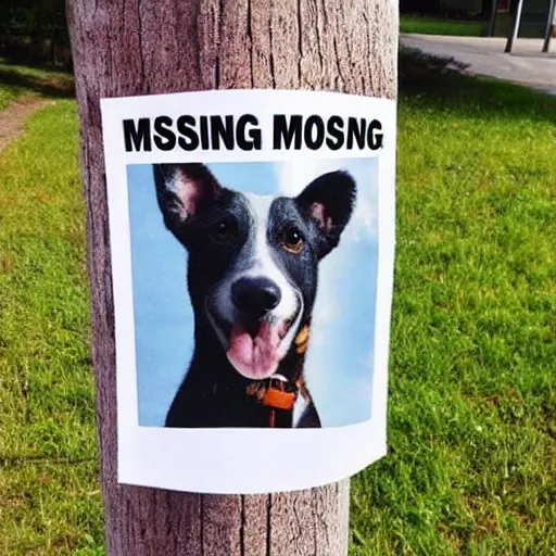 Prompt: missing dog poster stapled to telephone pole