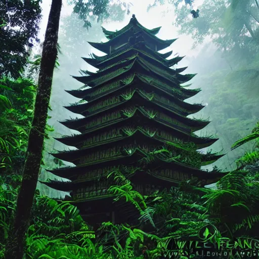 Image similar to abellanewsfoundation. org a full length portrait of a giant autonomous pagoda in a misty rainforest, surrounded by lush ferns and fir trees. surrounded by mountains and clouds and mist. featured on