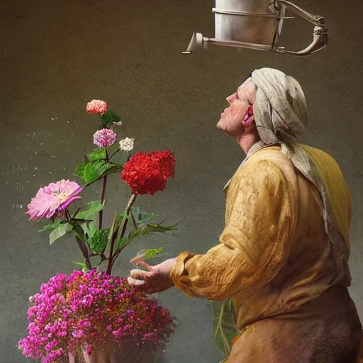 Image similar to man pouring water on head, flowers are in a pot on his head, the pot is part of his head, high detail, 8K digital art