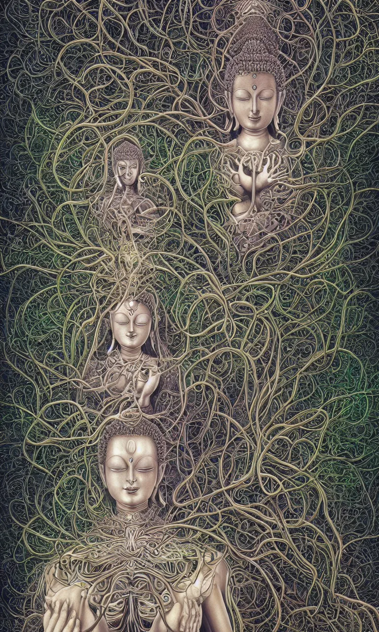 Prompt: perfectly centered, symmetrical, front view of a beautiful biomechanical buddha meditating under a tree of fractal consciousness, alien, robotic, female, flowing hair, intense stare, sarcastic smile, concept art, intricate detail, volumetric shadows and lighting, realistic oil painting by alex grey and gustave dore,