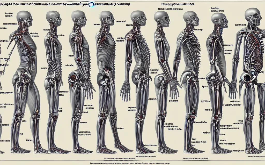 Prompt: diagram of humanity's future biomechanical evolution, scientific anatomical diagram