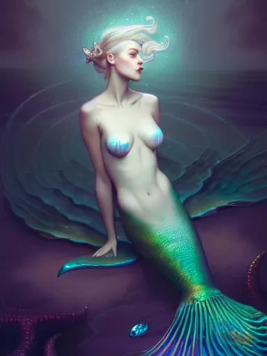 Image similar to mermaid by james jean, charlie bowater, tom bagshaw, nikolay makovsky, melanie delon : : enchanting, ethereal, magical, glowing, sparkle, prismatic, portrait, character design, illustration, hyperrealism, photorealism, digital art, concept art, dark fantasy, whimsy, weta, wlop, artstation