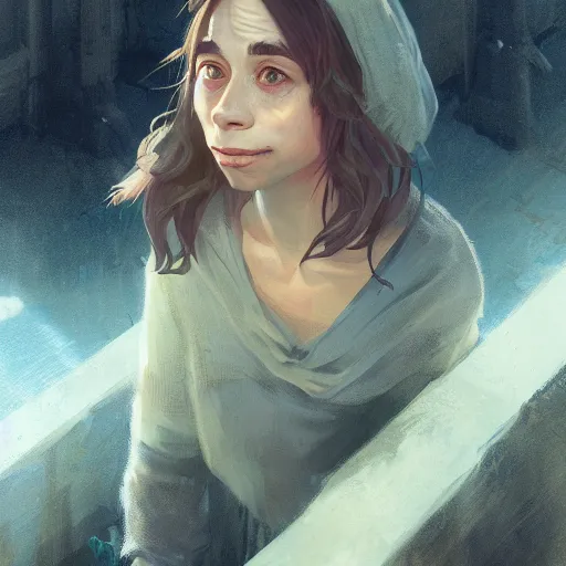 Image similar to Highly detailed full-body portrait of homeless Cristin Milioti, beautiful, fantasy art by Greg Rutkowski, Rhads, Makoto Shinkai and Lois van baarle, ilya kuvshinov, rossdraws global illumination, radiant light, detailed and intricate environment