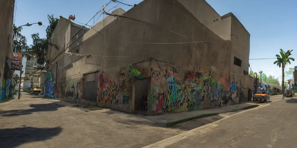 Image similar to zona 1 in guatemala city if it was a game like grand theft auto v first person view, with realistic visuals and award winning gameplay, graffitis