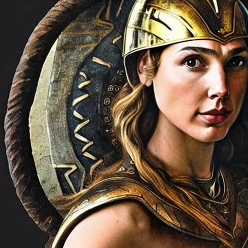 Prompt: gal gadot as a viking shield maiden, elegant portrait by sandro botticelli, detailed, symmetrical, intricate