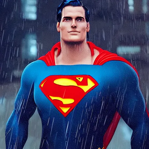 Image similar to superman, splashes of neon, cartoon portrait made out of rain, trending on artstation, epic composition, emotional, beautiful, rendered in octane, unreal engine, highly detailed, realistic