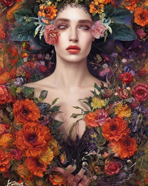 Image similar to portrait of the ukrainian queen of the underworld, surrounded by flowers by karol bak, james jean, tom bagshaw, rococo, sharp focus, trending on artstation, cinematic lighting, hyper realism, octane render, 8 k, hyper detailed.