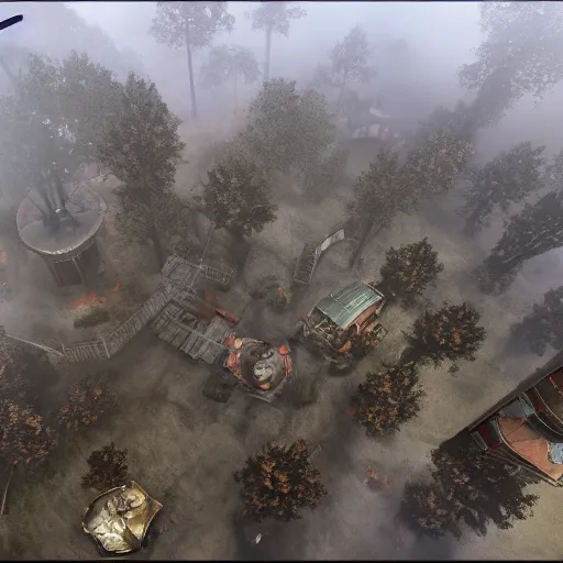 Image similar to screenshot of a beautiful rts game silent hill, overhead view, 4 k