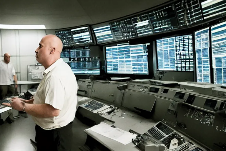 Image similar to movie heavyset bald man wearing a white shortsleeved shirt and blue jeans working in a nuclear silo control room by Roger Deakins