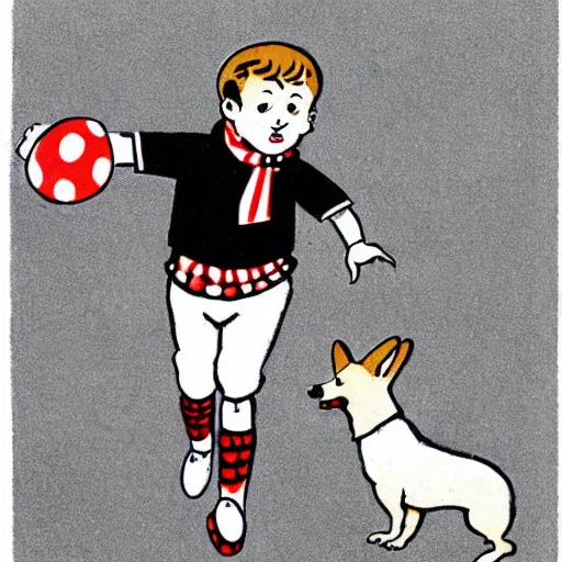 Image similar to illustration of french boy in paris playing football against a corgi, the dog is wearing a polka dot scarf, comic, 1 9 6 2