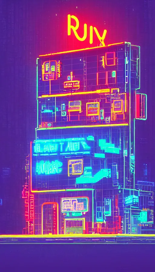 Image similar to a drawing of a building with a neon sign on top of it, cyberpunk art by james gilleard, behance contest winner, pixel art, voxel art, # pixelart, retrowave