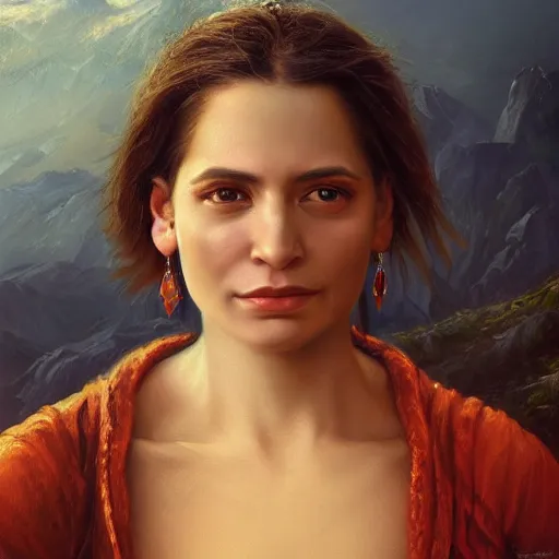 Image similar to portrait of a argentinian woman ( 3 5 ) from argentinia in 2 0 2 1, an oil painting by ross tran and thomas kincade