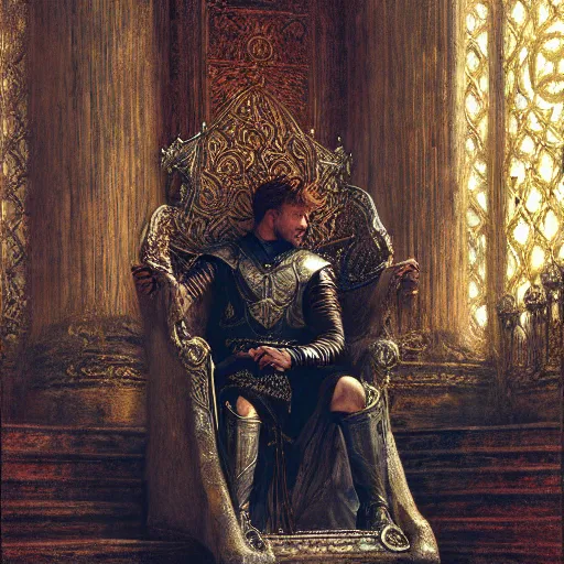 Image similar to attractive king arthur pendragon, sat in his throne, big arches in the back, natural lighting, path traced, high quality, very detailed digital painting, by gaston bussiere, craig miller, j. c. leyendecker