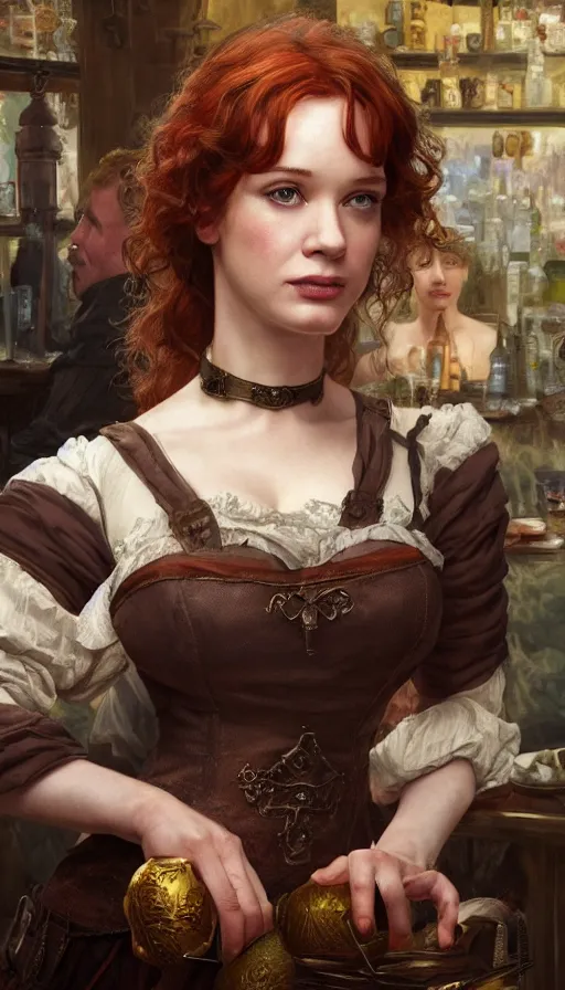 Image similar to young christina hendricks in a tavern, surprised expression on her face, she is surprised, warhammer, lord of the rings, intricate, highly detailed, digital painting, artstation, concept art, smooth, sharp focus, illustration, unreal engine 5, 8 k, art by artgerm and greg rutkowski and alphonse mucha