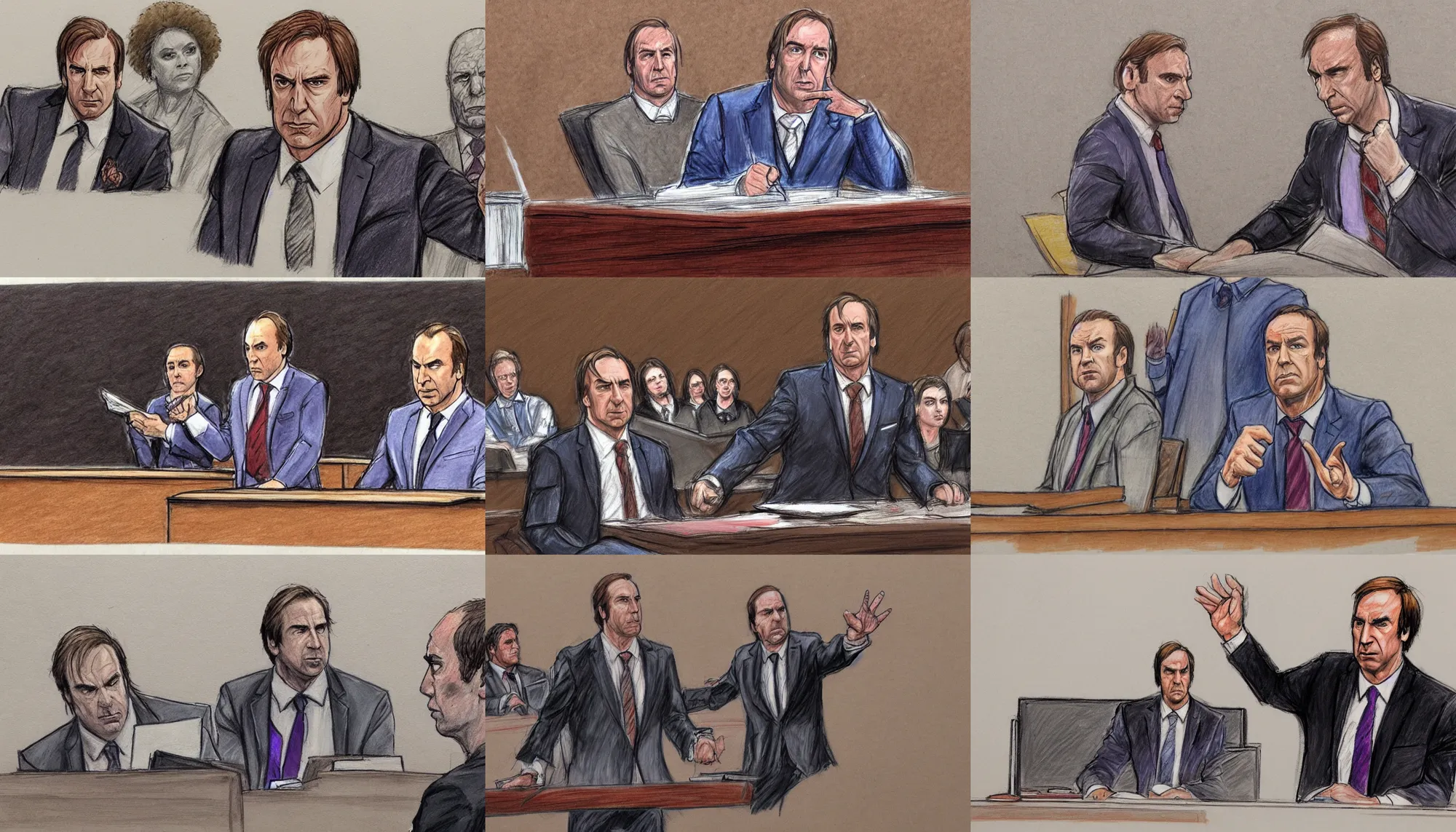 Prompt: Saul Goodman defending Thanos in court, courtroom sketch