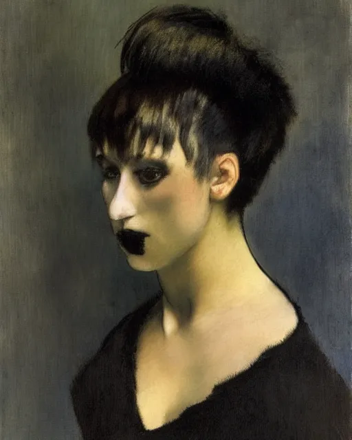 Image similar to A goth portrait painted by Edgar Degas. Her hair is dark brown and cut into a short, messy pixie cut. She has a slightly rounded face, with a pointed chin, large entirely-black eyes, and a small nose. She is wearing a black tank top, a black leather jacket, a black knee-length skirt, a black choker, and black leather boots.