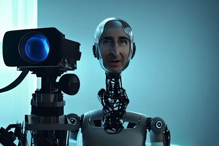 Image similar to vfx film closeup, john oliver interviewing a robot, flat color profile low - key lighting award winning photography arri alexa cinematography, hyper real photorealistic cinematic, atmospheric cool colorgrade