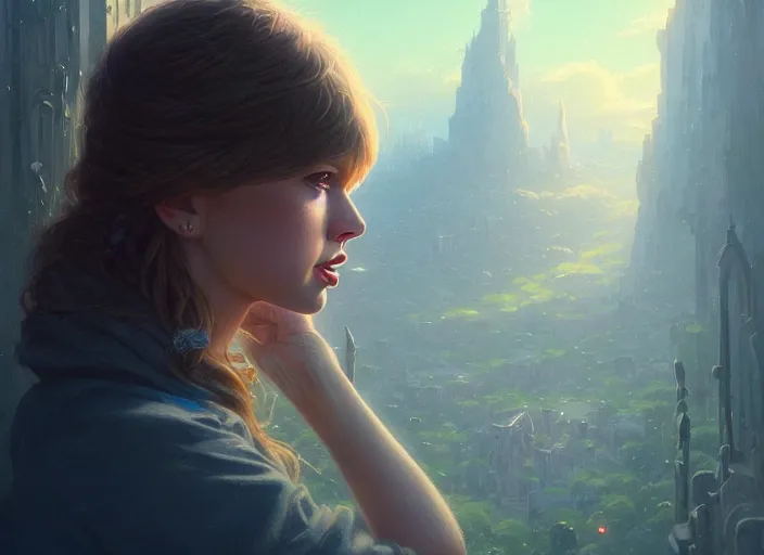 Image similar to highly detailed portrait of taylor swift, stephen bliss, unreal engine, art by greg rutkowski, loish, rhads, ferdinand knab, makoto shinkai and lois van baarle, ilya kuvshinov, rossdraws, tom bagshaw, global illumination, radiant light, detailed and intricate environment