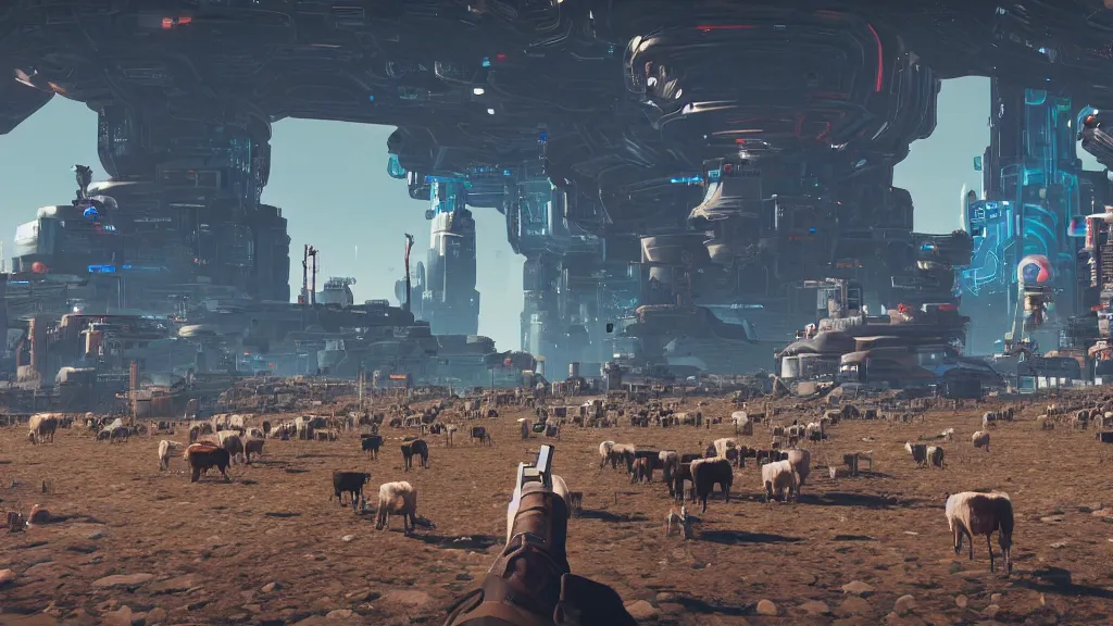 Image similar to Cyberpunk cowboys herding sheep in a No Man's Sky landscape