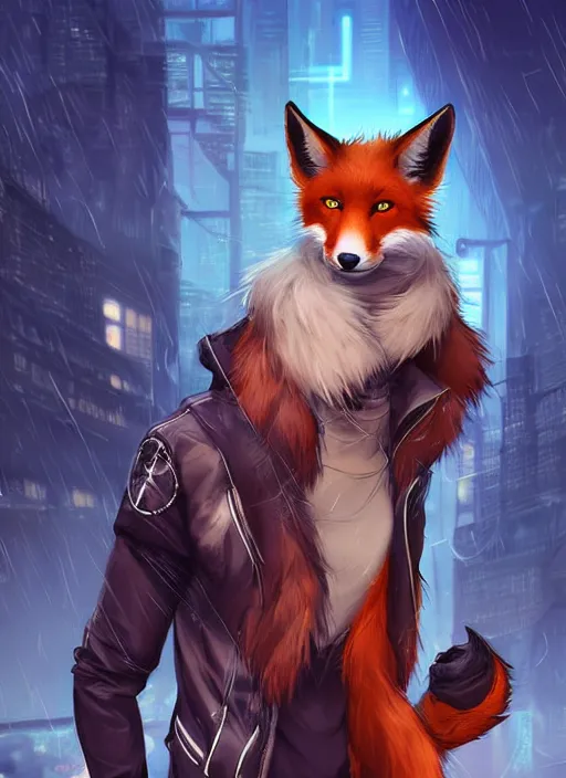 Prompt: award winning beautiful portrait commission of a male furry anthro melanated fox fursona with a tail and a cute beautiful attractive detailed furry face wearing stylish cyberpunk clothes in a cyberpunk city at night while it rains. Character design by charlie bowater, ross tran, artgerm, and makoto shinkai, detailed, inked, western comic book art