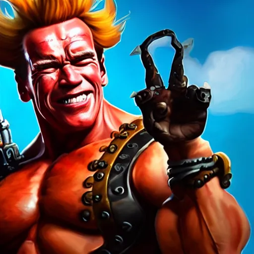 Prompt: a screenshot of arnold schwarzenegger as junkrat in overwatch holding tnt, portrait, fantasy, beautiful face, vivid colors, elegant, concept art, sharp focus, digital art, hyper - realistic, 4 k, unreal engine, highly detailed, hd, dramatic lighting by brom, trending on artstation