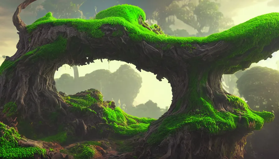 Image similar to A fancy huge slime tree on a magical biome full of oddities, goofy, sparky, full sun, positive vibes, behance, artstation, unreal render, unreal engine 5, octane, smooth, 8k