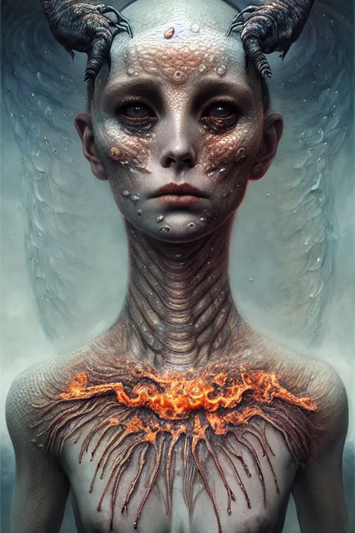 Prompt: gorgeous cute! lilith the mother of all monsters, fire under her skin, crystal mask!, raining ash, fine art masterpiece, highly detailed dino valls wayne barlowe machiej kuciara, dramatic lighting, long shot, wide angle, uhd 8 k, sharp focus