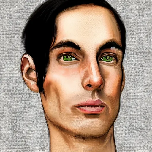 Prompt: a digital portrait of a 31 year old with black hair,hazel green eyes, drawn in the style of mark Arian