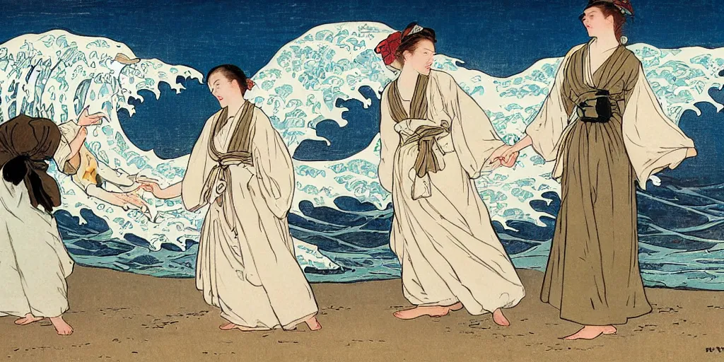 Image similar to two young edwardian women wearing white dresses hold hands on a beach in Sweden, in the style of Anders Zorn, waves in the style of the great wave off kanagawa by Hokusai