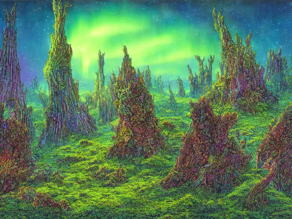 Image similar to an epic concept art, intricate coral, fungal gems, iridescent crystal monoliths, obelisks and an aurora borealis, mossy stumps, cell shading, by moebius, hiroshi yoshida, druillet, colorful, vivid colors