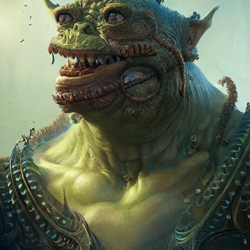 Image similar to a hyperrealistic illustration of a mix of an oger and giant and goblin, 8 k ultra realistic creature, detailed intricate, with fractal sunlight, award - winning, masterpiece, in the style of tom bagshaw, cedric peyravernay, peter mohrbacher