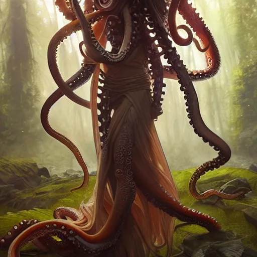 Prompt: photo of a humanoid octopus hybrid were a heroic dress an armour in the forest, long hair, highly detailed, digital painting, artstation, smooth, sharp focus, illustration, art by artgerm and greg rutkowski and alphonse mucha