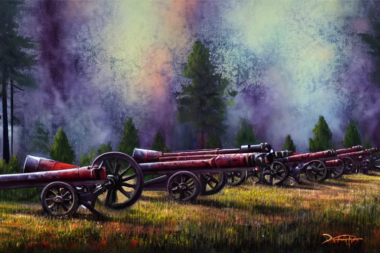 Image similar to cannons firing to the left, artillery, indirect fire, ww 1, forest clearing background, at night, oil on canvas, bloom highlights, view from the ground, poster art, darkness, video game art, digital art, fine brushstrokes, hdr, 4 k