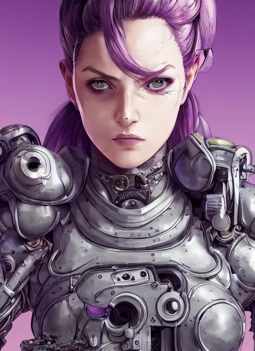 Image similar to close up portrait of a pale woman in power armor with purple ponytail hair, elegant, stoic, intense, ultrafine hyperdetailed illustration by kim jung gi, irakli nadar, intricate linework, sharp focus, bright colors, octopath traveler, yoji shinkawa, highly rendered, global illumination, radiant light, detailed, intricate environment