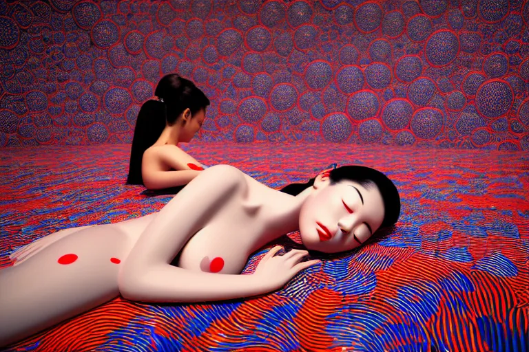 Prompt: hyperrealistic detailed image of a geisha laying in a art installation by yayoi kusama, part by kei mieno, part by alex gray, part by ross tran, part by james jean, ultra realistic, highly detailed, life like face, detailed body, 8 k, unreal engine 5, very cohesive