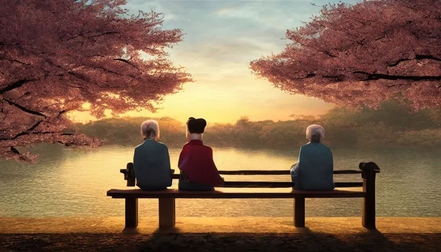 Image similar to back view of an old japanese couple sit on the bench, sunset, japanese village, cherry blossomns, shingo araki, hyperdetailed, artstation, cgsociety, 8 k