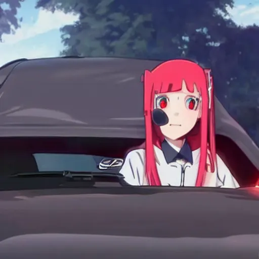 Image similar to zero two from darling in the franxx driving a dodge ram