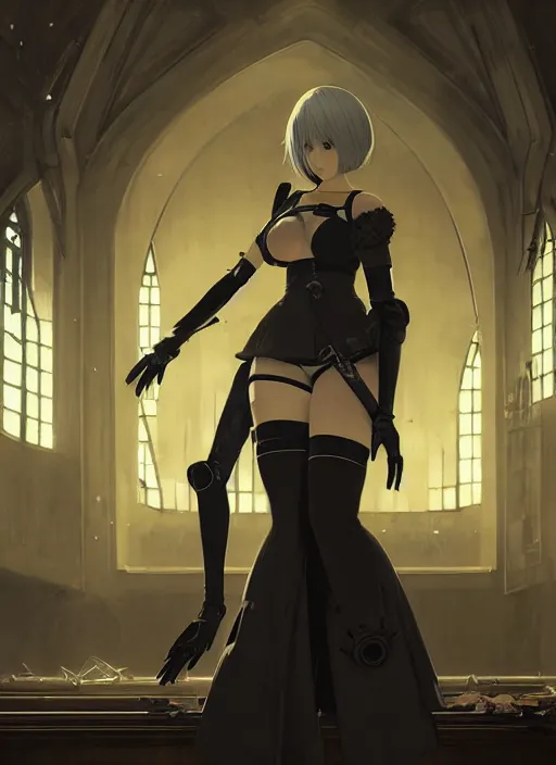 Prompt: portrait of 2 b from nier automata in an abandoned church, dead robots, a large katana, intricate, elegant, glowing lights, highly detailed, digital painting, artstation, concept art, smooth, sharp focus, illustration, art by wlop, mars ravelo and greg rutkowski