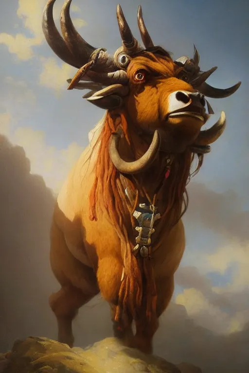 Image similar to oil painting of a tauren, in style of ivan aivazovsky, expressive face, detailed face, detailed eyes, full body, feminine face, tracer overwatch,