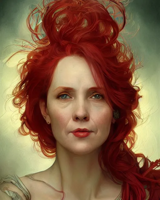 Image similar to portrait of short and plump 5 0 - year - old woman with red hair and a kind face, hyper realistic face, beautiful eyes, close up, fantasy art, in the style of greg rutkowski, intricate, alphonse mucha, hyper detailed, smooth