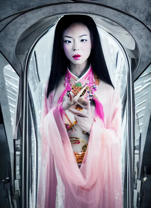 Image similar to photo shoot pose photo of beautiful Chinese ancient princess standing in the corridor in the space ship, symmetrical face, big eyes and lips, looking down, subtle makeup, clean face and body skin,ecstatic expression, ornamental jewelry and ancient translucent clothes, futuristic space ship interrior, wires with lights,depth of field, lens flares, dust in the air, moody lighting, intricate, elegant, highly detailed, centered, smooth, sharp focus, Donato Giancola, Joseph Christian Leyendecker, WLOP, Boris Vallejo, Artgerm moody photography, old photo, black and white, sepia, cinematic lighting, cinematic angle, editorial photography