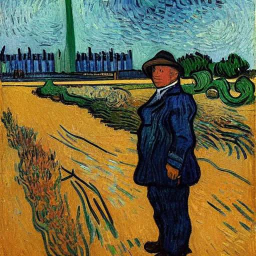 Prompt: donald trump as an 1890s french peasant in front of the white house painted by vincent van gogh