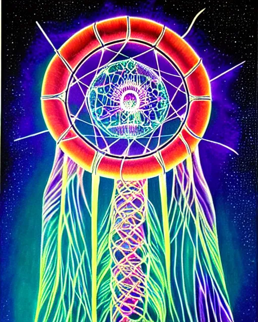 Prompt: detailed realistic dreamcatcher geometric glow painting a jellyfish emitting light in the cosmos by alex grey symmetry