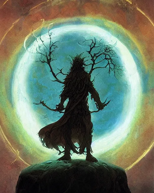 Image similar to a druid standing in a circle at the beginning of the world by alan lee and peter mohrbacher and frank frazetta and mike mignola