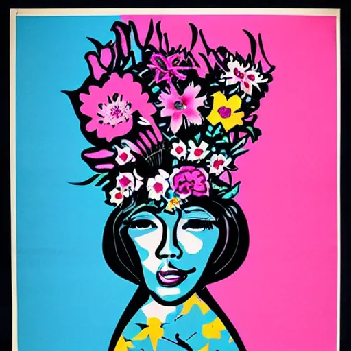 Image similar to 70s graphic design poster with a woman’s face, flower child, groovy, retro, hippie, pink tones
